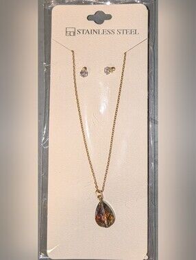 NWT Teardrop Stone Gold Pendant Necklace with Stud CC earrings.